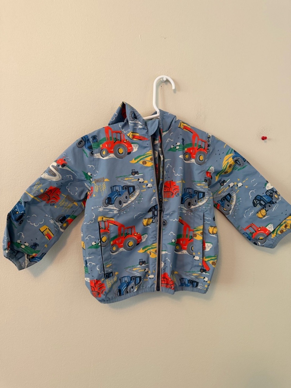 Baby Boden Blue Construction Print RainJacket - Red & Blue Tractor Design
